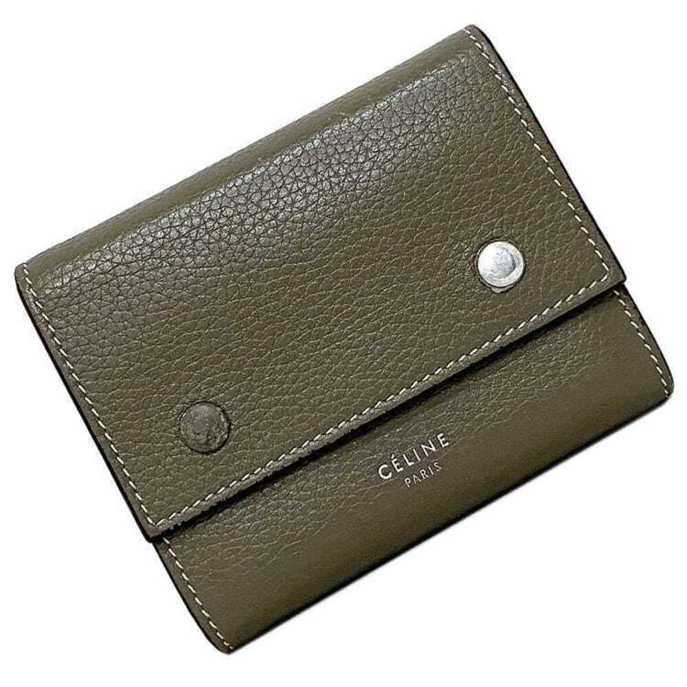 Celine Folded Multifunction Wallet Beige Leather Snap Closure Compact One Point